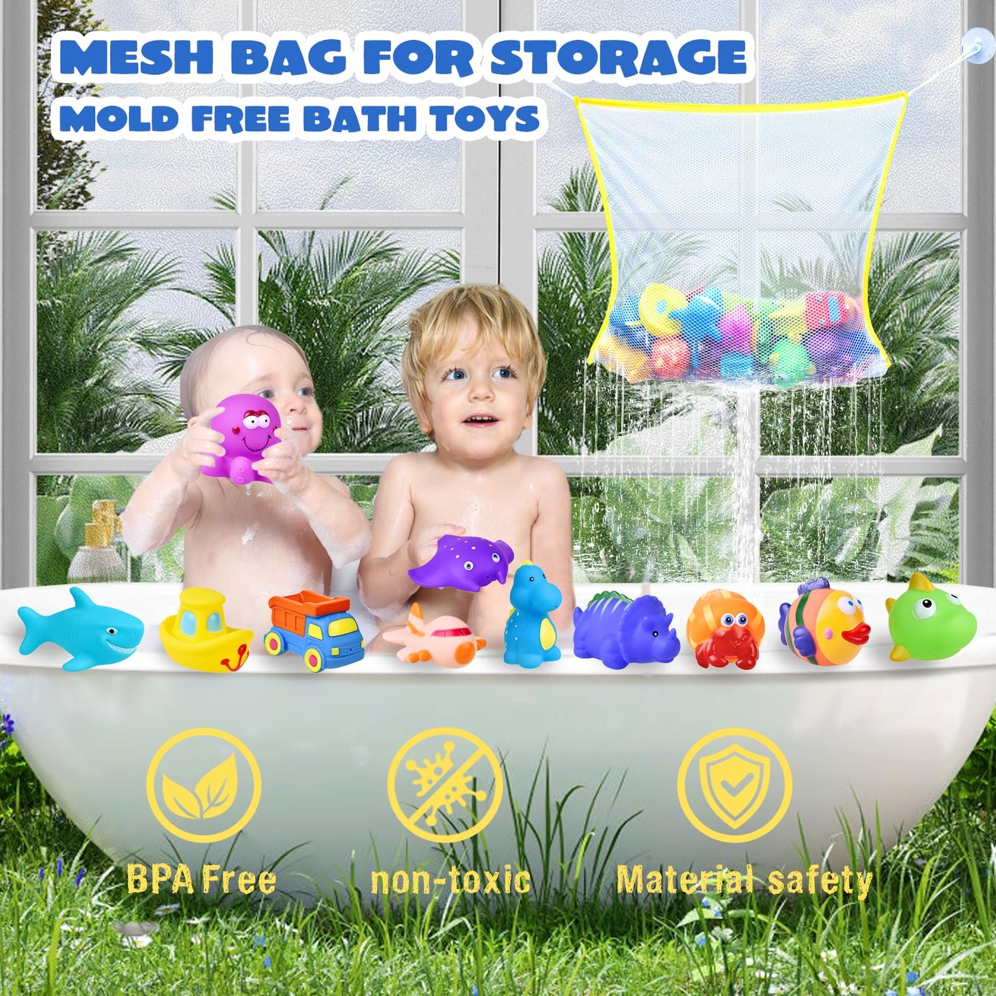 Fun Little Toys 24 Pcs Bath Toys For Toddlers, Sea Animals & Cars Squirter Bath Toys, No Mold Bathtub Toys With Storage Bag , Baby Bath Toys For Pool, Toddler Bath Toys For Kids Party Favors Age1-3