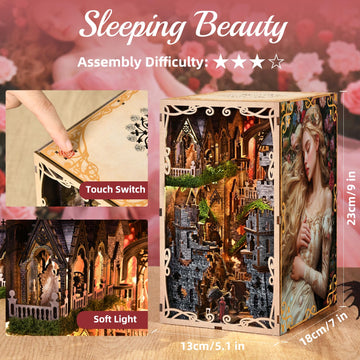 MiniCity Book Nook Kit - DIY Miniature House 3D Wooden Puzzle for mature-themed and Teens Booknook Bookshelf Decor Scale Model Build with LED Light Gifts for Family and Friends (Sleeping Beauty)