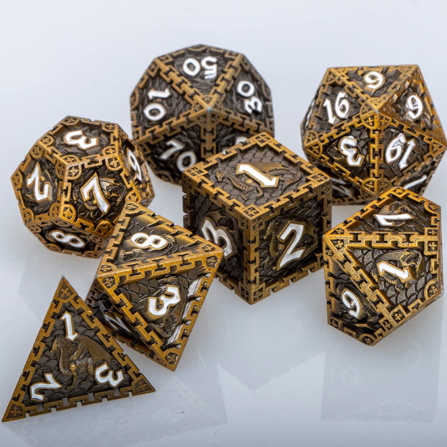 ARUOHHA DND Metal Dice Set Dragon Design D&D Dice Set with Gift Box, Antique Gold D+D Polyhedral Dice for Dungeons and Dragons R