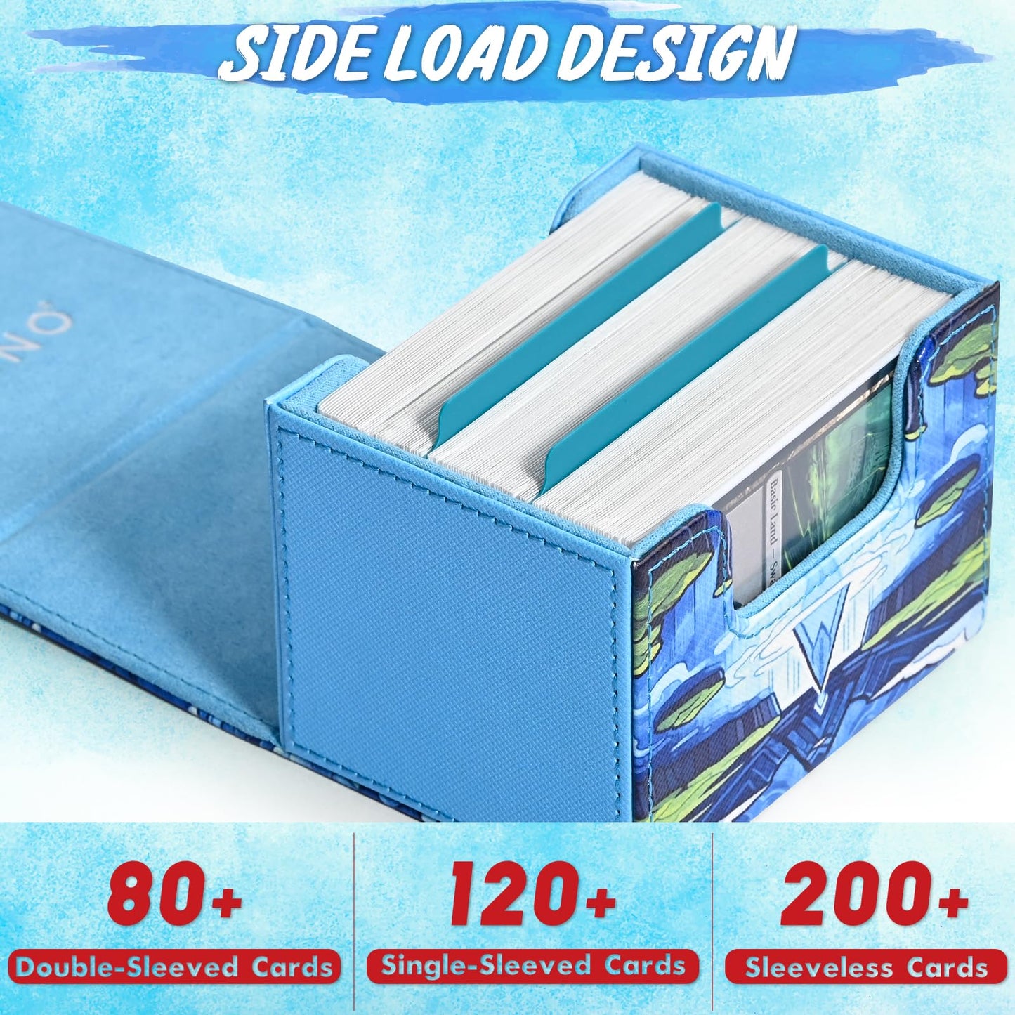 Uaono Deck Box For Mtg Cards, Trading Card Storage Box Holds 120+ Sleeved Commander Deck, Pu Leather Card Box Suits Tcg Magic Cards With 2 Dividers (Blue,Drop)