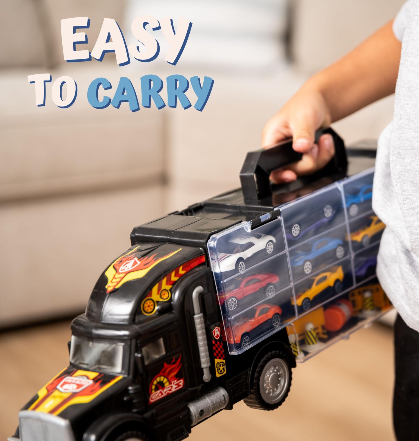 Toy Truck Transport Car Carrier Toy For Boys And Girls Age 3-10 Yrs Old - Hauler Truck Includes 12 Toy Cars And Accessories - Car Truck Fits 28 Car Slots - Ideal Gift For Kids