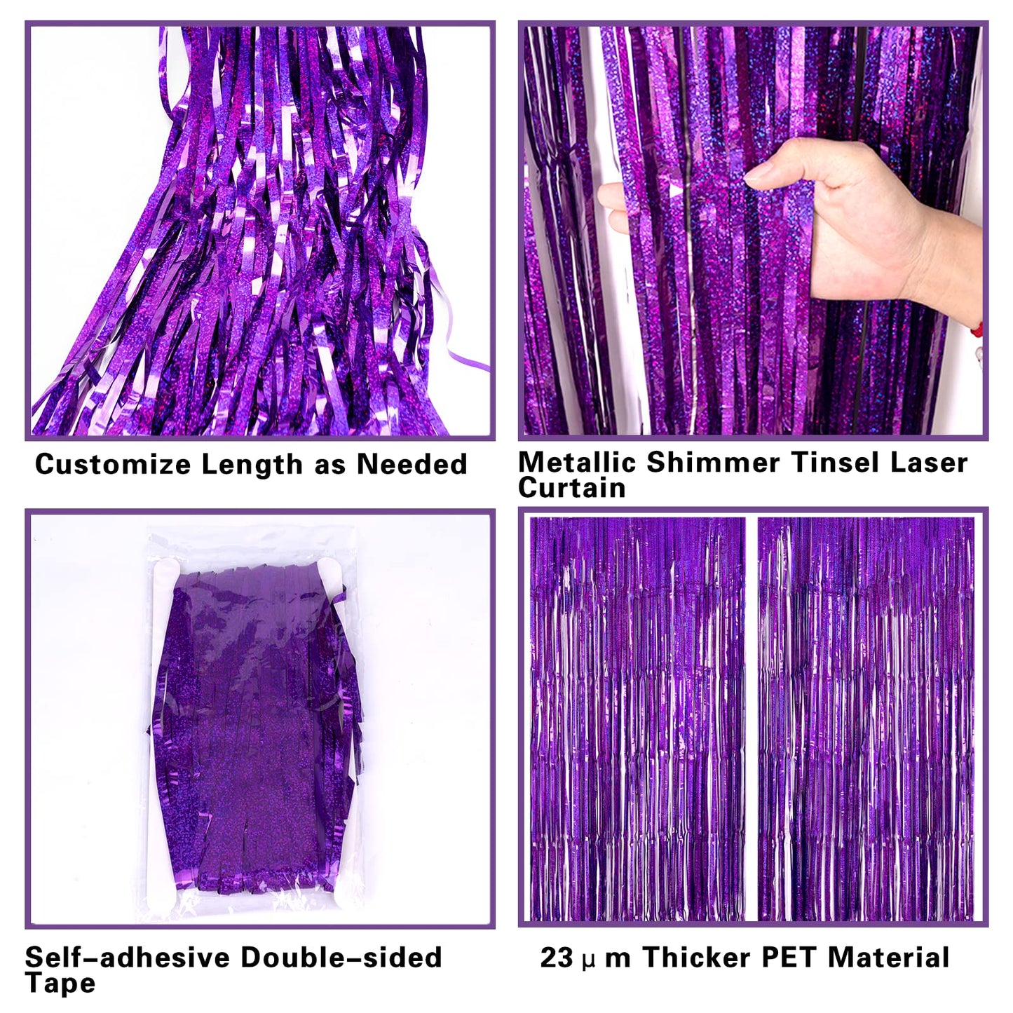 2 Pack 3.2ft x 8.2ft Purple Metallic Tinsel Foil Fringe Curtains, Large Photo Booth Backdrop Streamer Curtain for Party Door Wal