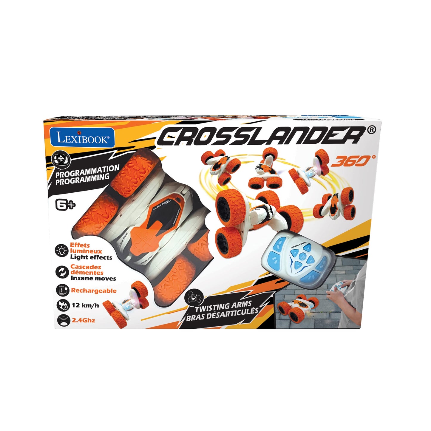 Lexibook- Crosslander Luminous Terrain Car, Wrist Remote, Rechargeable, Electronic Action Kit, White / Orange, Color