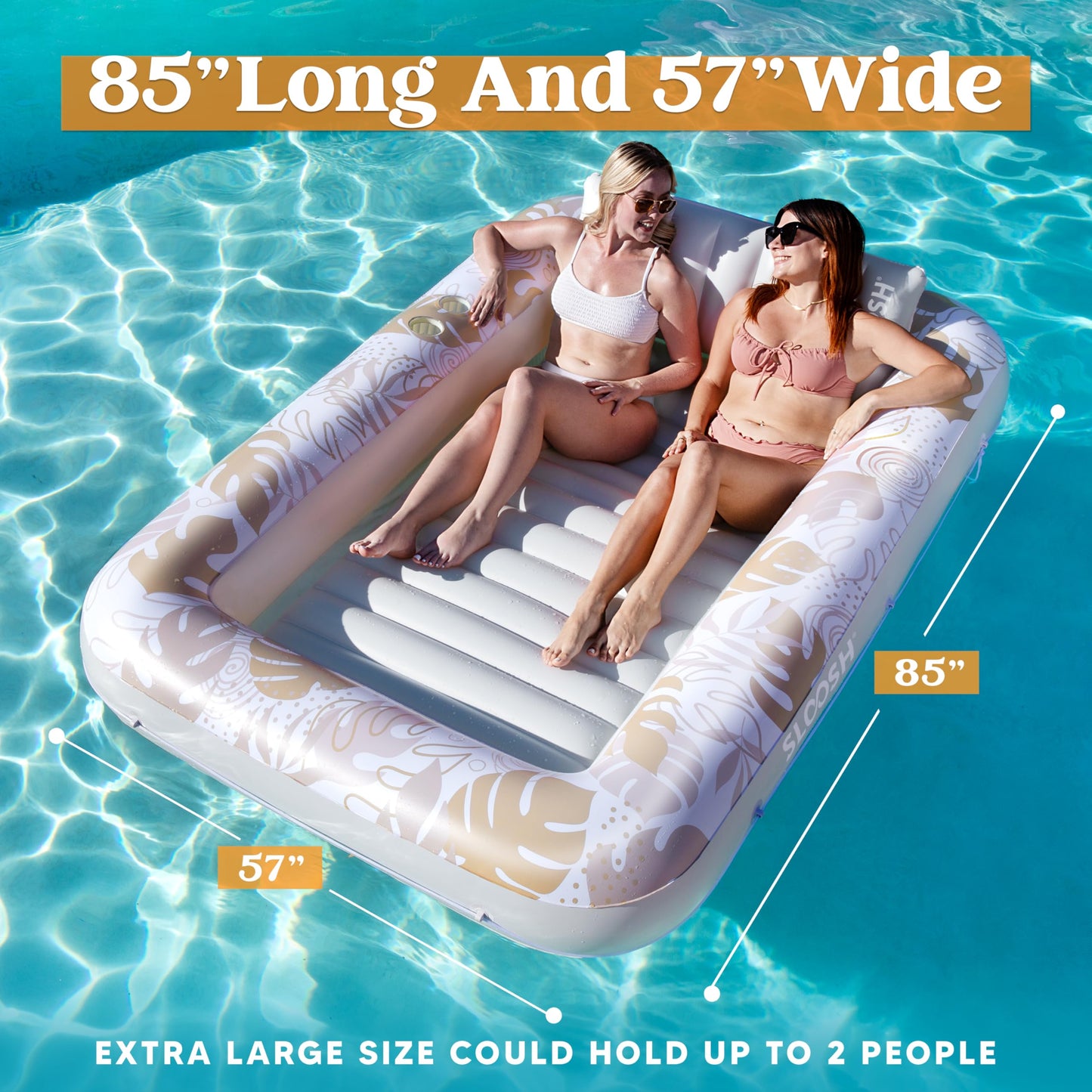 Sloosh Inflatable Tanning Pool Lounger Float, 85' X 57' Extra Large Pool Floats Adult With Pillow, 4 In 1 Suntan Tub Raft Floatie,Sunbathing Bed Lounge For Water Blow Up Ball Pit, Xl-Golden White