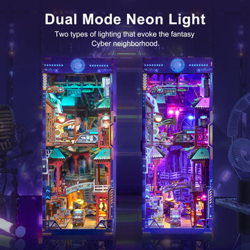 Tonecheer Diy Book Nook Kit For Adults, Wooden 3D Puzzle Bookend Bookshelf Insert Decor, Cyber Punk Booknook Miniature House Kit