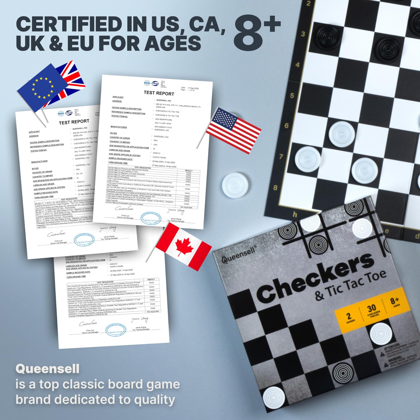 Queensell Checkers Board Game - Classic Plastic Game with 30 Pieces, 7.9 x 7.9 inches