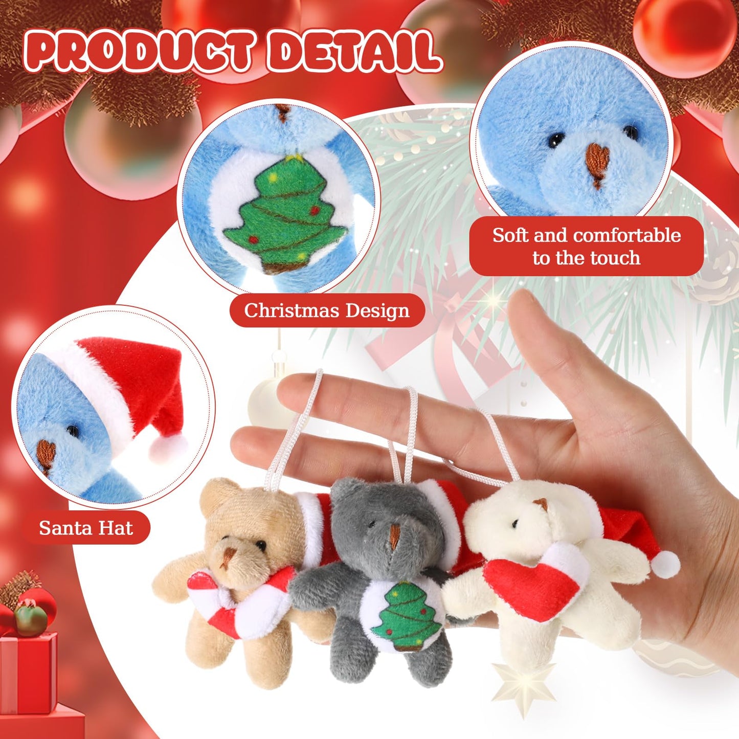 Blueweenly 24 Pcs Christmas Mini Stuffed Animal Bear Bulk Small Plush Christmas Bear with Santa Hat Tiny Xmas Animal Keychain fo