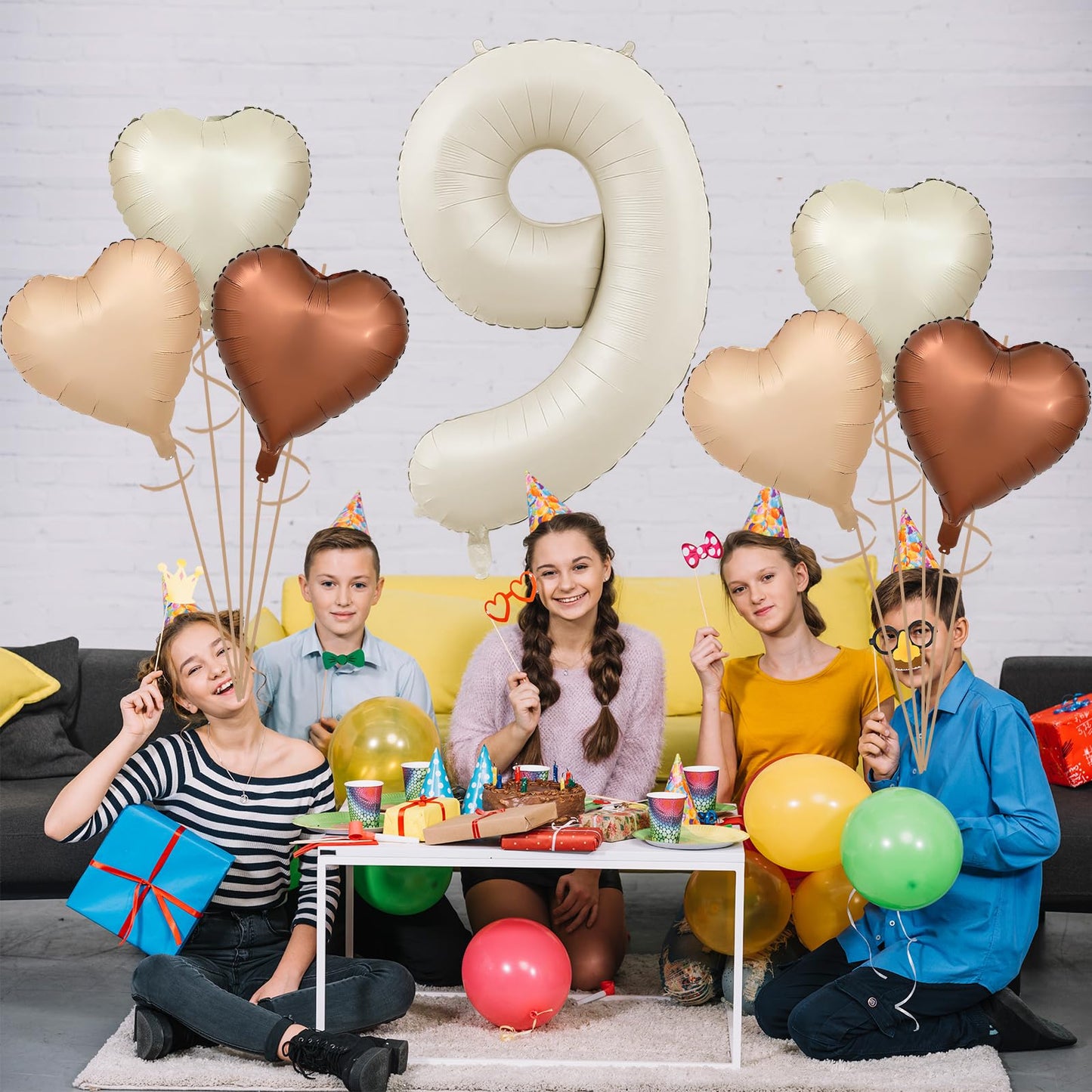 Biapian 40 Inch Cream White Number 9 Balloons, Beige White Large Number 9 Balloons With 18'' Cream Foil Heart Balloons Helium Fo
