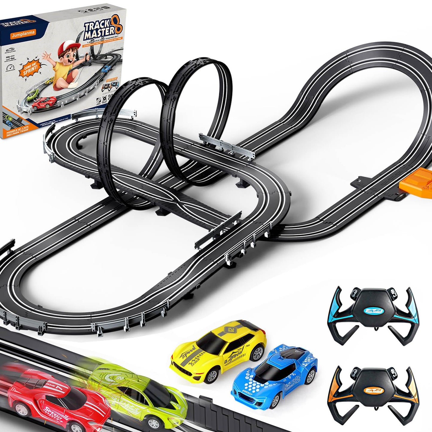 Slot Car Race Track Sets For Boys Kids,Battery Or Electric Race Car Track With 4 High-Speed Slot Cars And 2 Hand Controllers,Dual Racing Game Lap Counter Circular Overpass Track Toys Age 6 7 8-12