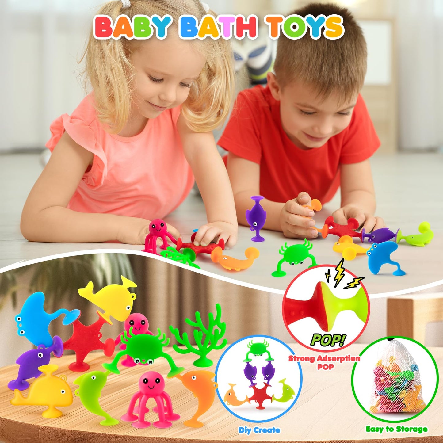 Aukful Suction Cup Toys For Kids Bath Toys, 18Pcs Ocean Animal Suction Bath Toys With Eggshell Storage,Mold Free Bath Toys Toddl