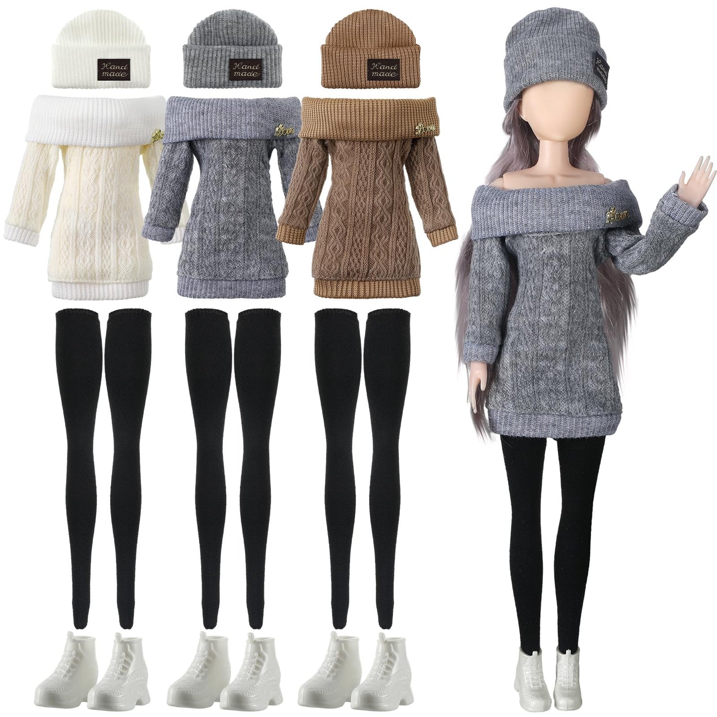 Geyoga 3 Set 12 Pcs Doll Clothes And Accessories Suit Pants Shoes Spring Sweater Outfits, Dolls Are Not Included(Gray, Brown, Cream White,12 Inch)