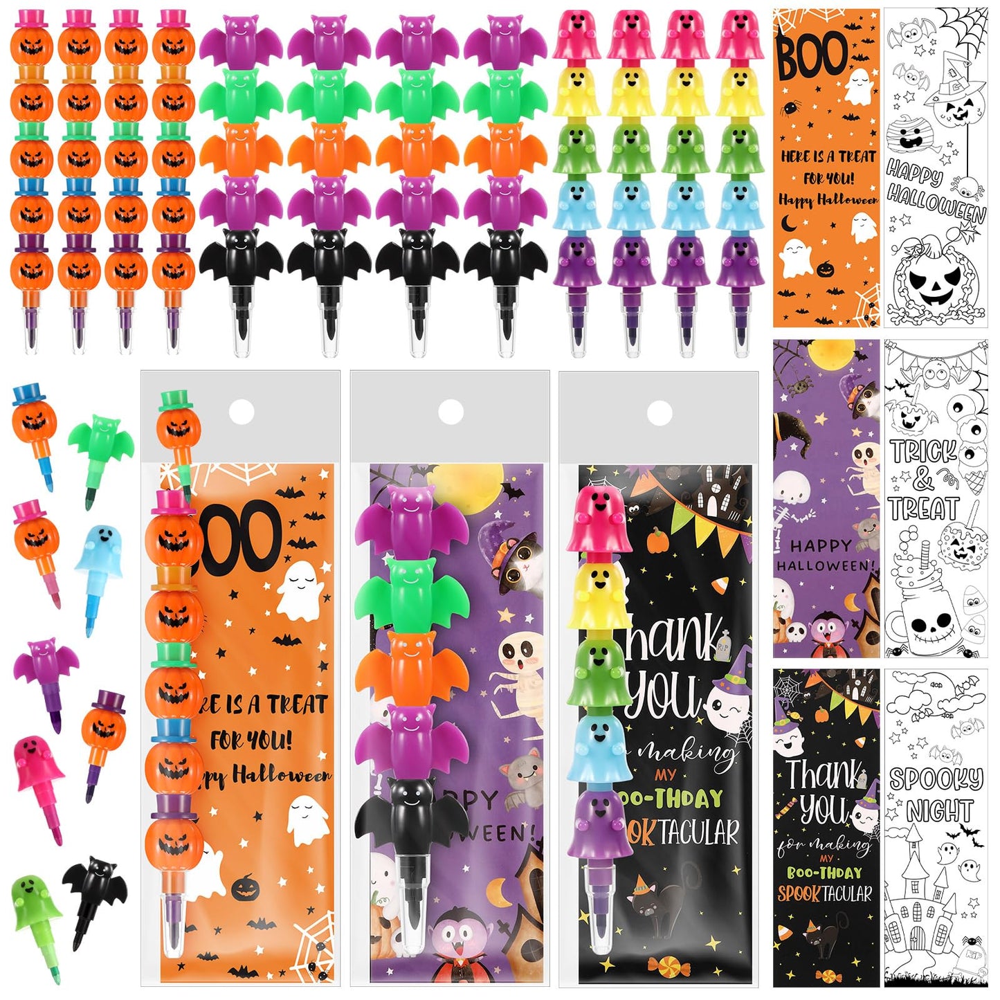 MotiMind 12 Set Halloween Crayons Party Favors Bat Pumpkin Ghost Stackable Crayons with Drawable Cards Kids Halloween Party Gift