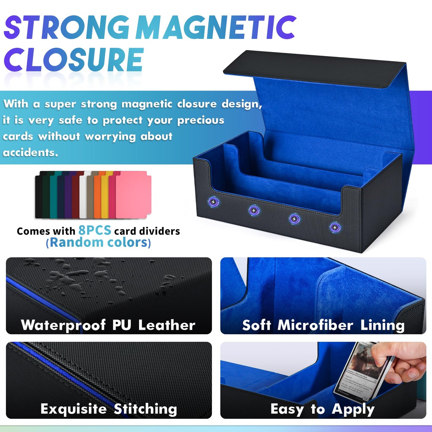 Uaono Card Storage Box For Trading Cards, 1200+ Pu Leather Commander Card Deck Case, Magnetic Closure Card Holder Fits For Magic Game Cards (Black&Blue)