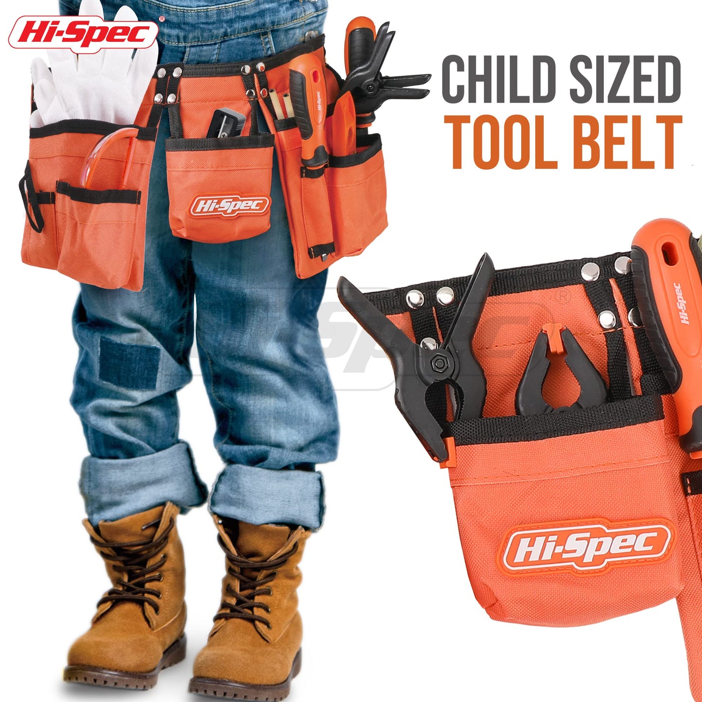 Hi-Spec 16pc Orange Kids Tool Kit Set & Child Size Tool Belt. Real Metal Hand Tools for DIY Building, Woodwork & Construction Le