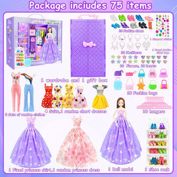 65Pcs Doll Clothes And Accessories With Doll Closet For 11.5 Inch Doll Dress Up Set With 1 Doll Fashion Dresses Outfits Tops And Pants Shoe Rack Bags Gift Toy For Girls 4 5 6 7 8 9 10 Years