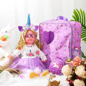 Wettarn 18 Inch Doll Carrier Set With Clothes And Accessories Including Doll Travel Bag, Doll Dress, Doll Shoes, Doll Sunglasses, Doll Backpack And Unicorn For Unicorn Birthday Gift(Purple)