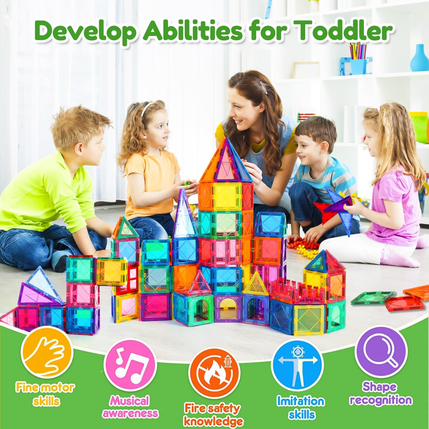 Magnetic Tiles,100PCS Magnet Building Blocks for Kids Educational Magnetic Blocks Sensory Toys Montessori Stacking Gift for 3 4