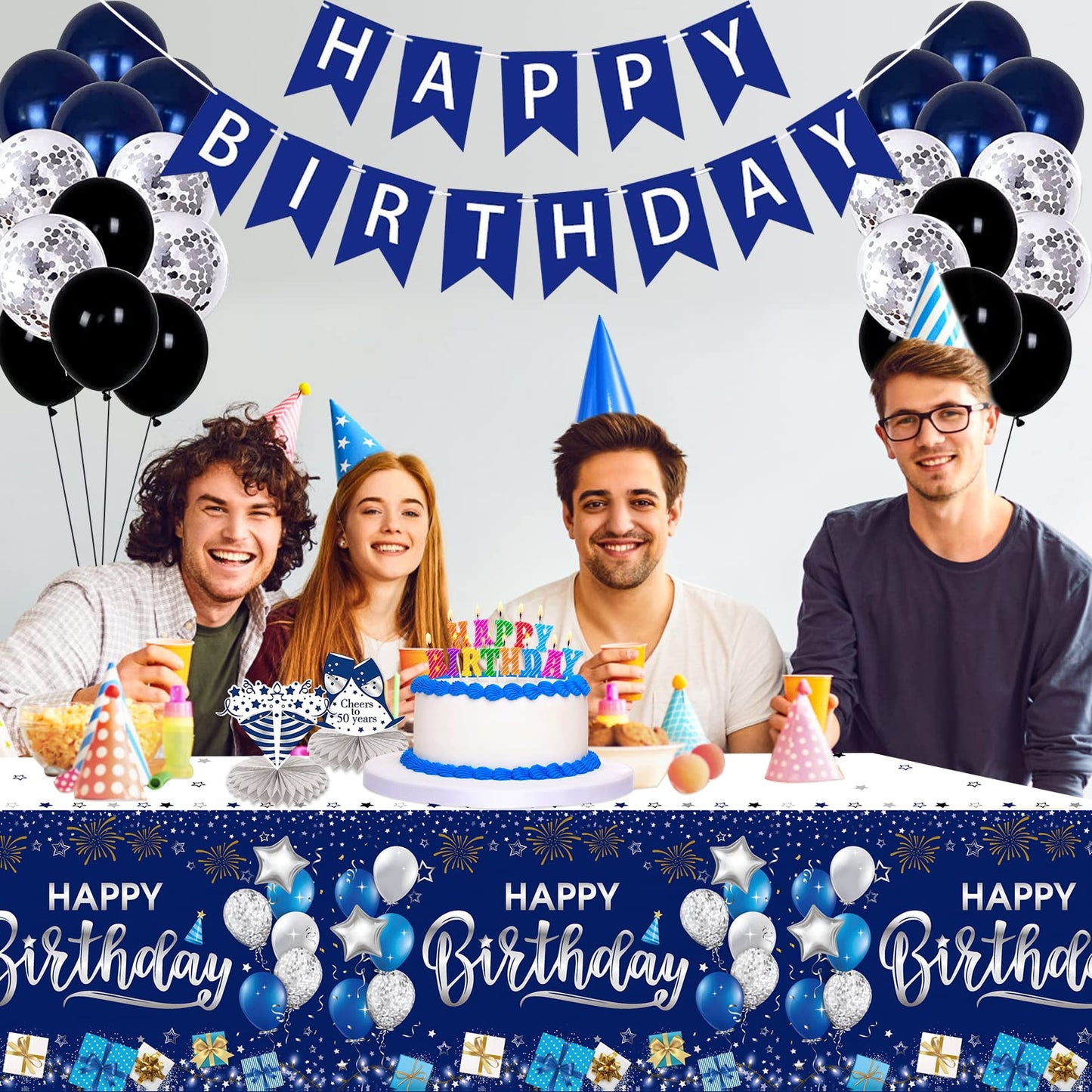 Duaiai Happy Birthday Decorations, 1 Pcs Navy Blue And Silver Birthday Tablecloth For Boys Girls Men Women, Plastic Disposable Rectangle Table Cover For Birthday Party Supplies- 54' X 108'