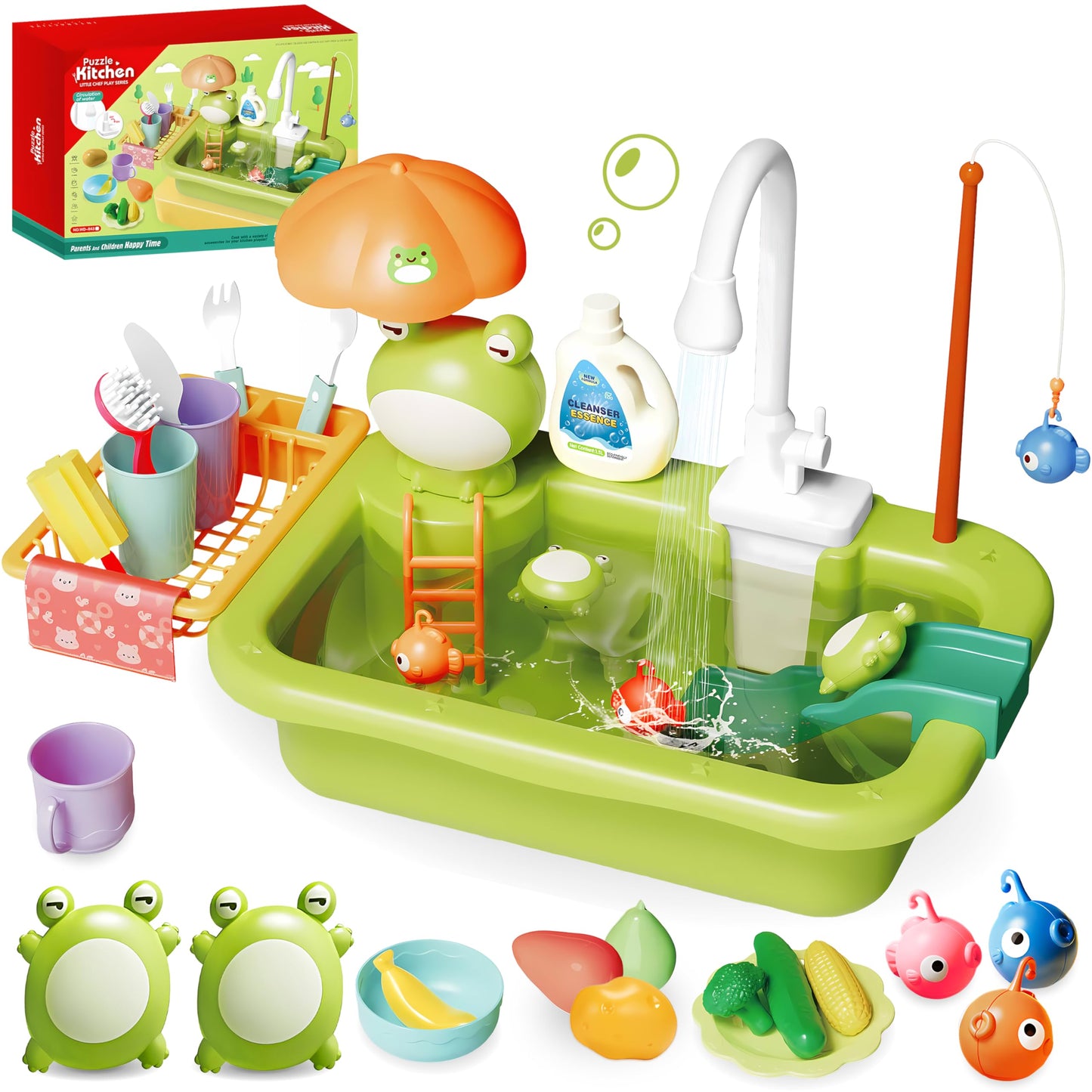 Play Sink with Running Water for Toddlers, Play Kitchen Sink Toy with Electric Faucet for Kids, Pretend Play Dishwasher Play Set