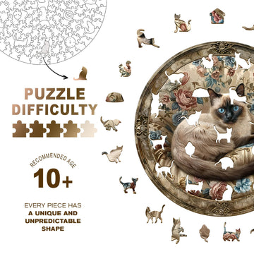 Wooden Puzzles for mature-themeds - Challenging Vintage Siamese Cat mature-themed Puzzle Unique Animal Shaped Wooden Jigsaw Puzzles for mature-themeds Creative Gifts Family Games 13.4 * 13.4in 300pcs