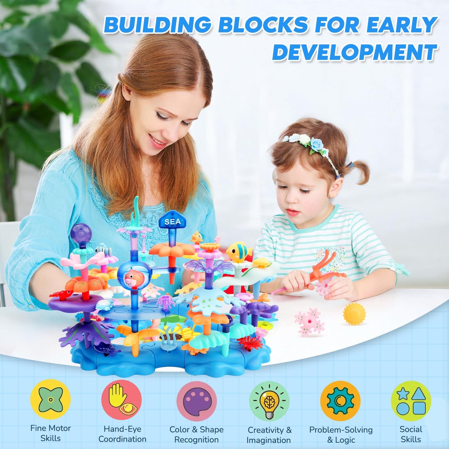 Inklab Birthday Gifts For 3 4 5 6 7 Years Old Toddlers Girls Boys - 76Pcs Marine Life Building Stacking Toys With Carry Box | St