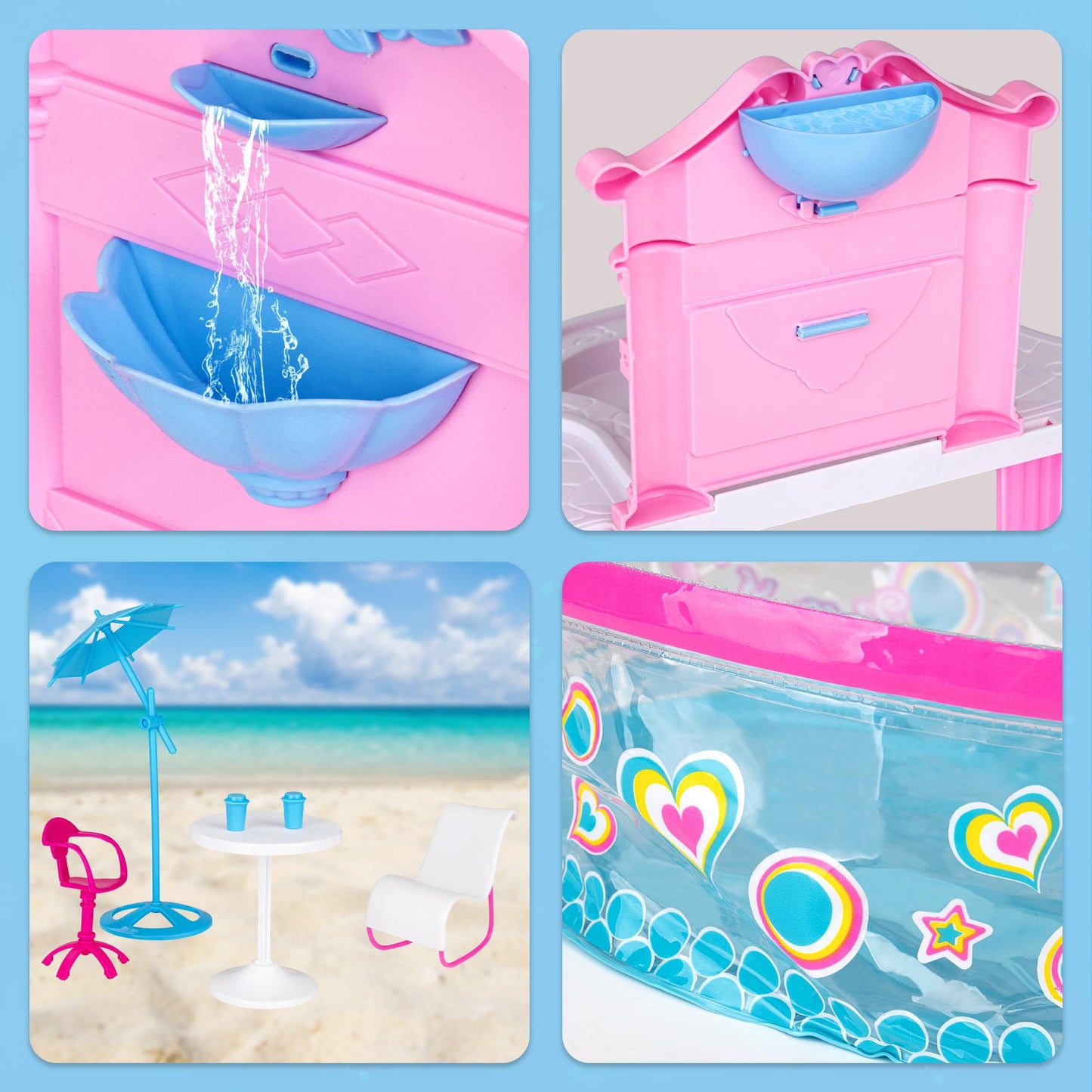 Glam Pool Playset, Deluxe Doll Pool With 7 Pcs Pool Accessories, Fits Dolls Up To 12 Inch, Kids Gifts For 3 To 8 Year Olds Girls, Bath Toys For Toddlers, Birthday Xmas Toy Gifts For Girls Kids Aged 3+