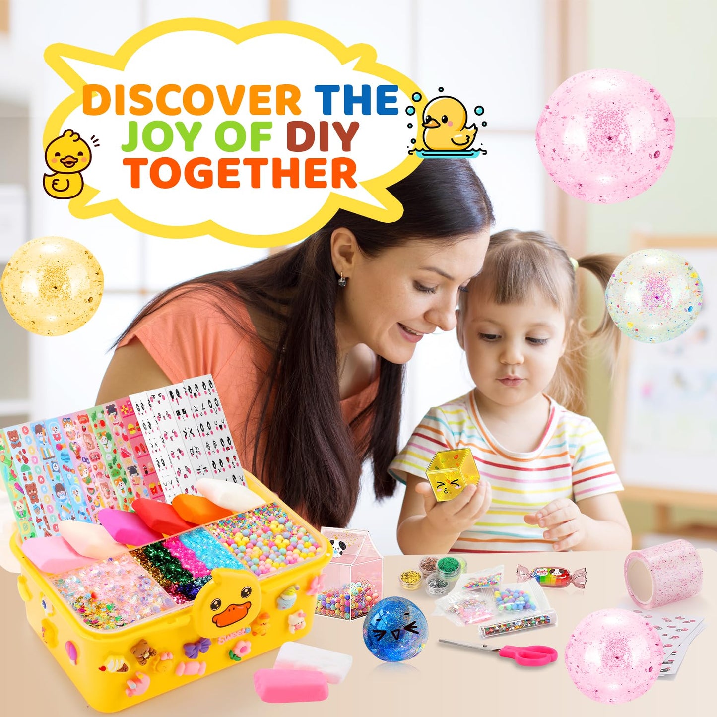Lokuc Duck Theme Nano Tape Bubble Kit for Kids, 19.7Ft Plastic Kit with Glitter, Clay, Beads, Stickers, Yellow, Model NMJTZ-3