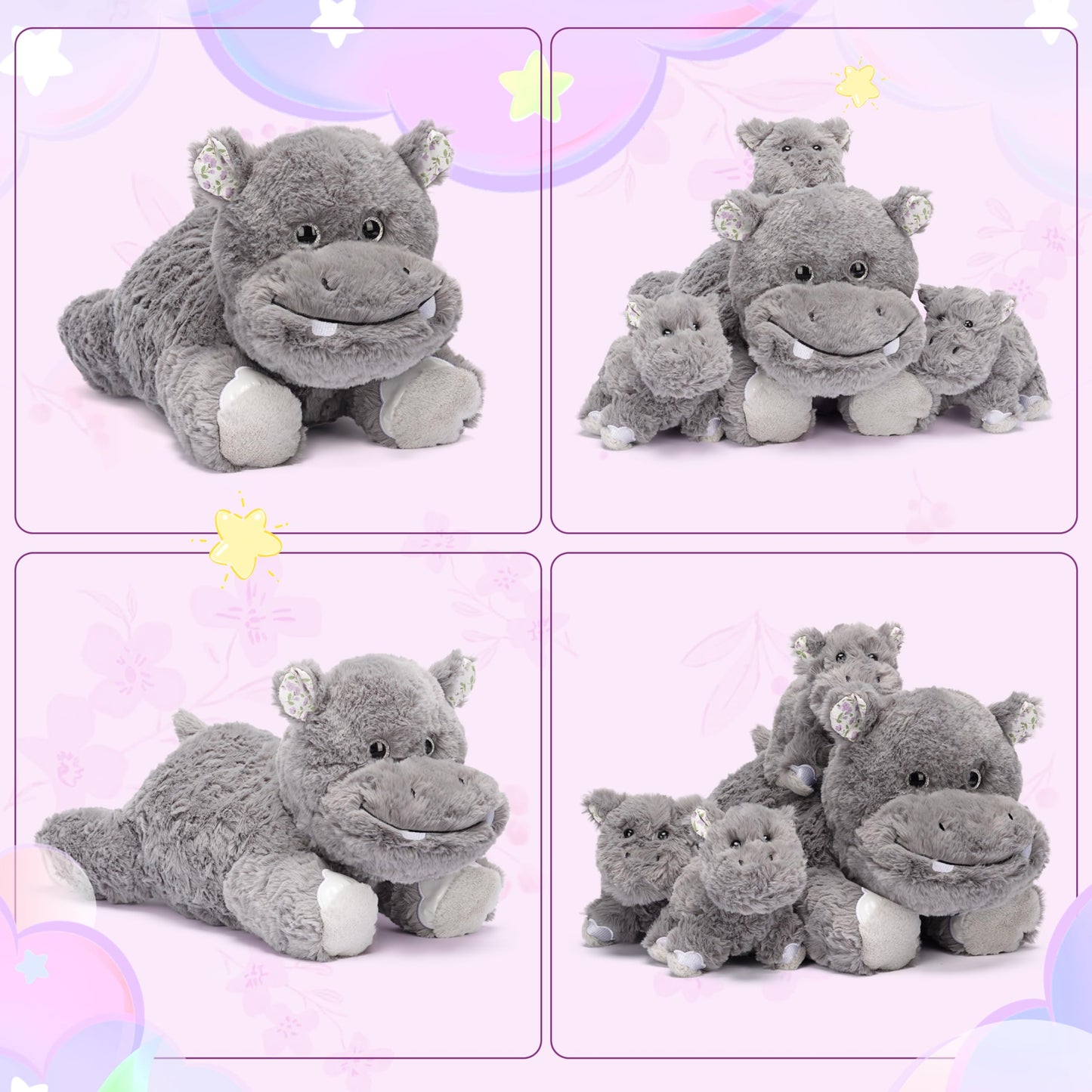 Ikasa Mommy Hippo Stuffed Animal Mom And Baby Plush Toy, Cute Cuddly 18.5'' Hippopotamus Soft Family Set With Little Mini Babies