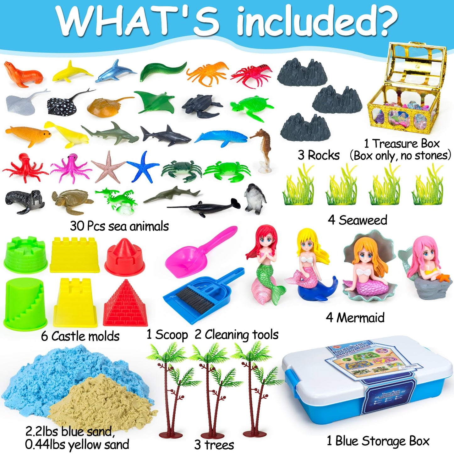 Tcvents Sensory Bins, Ocean Mermaid Sensory Bin Toys Sand Box for Kids Ages 3 4 5 6 7 8 9 Include 2.64lbs Magic Sand, 6 Castle M