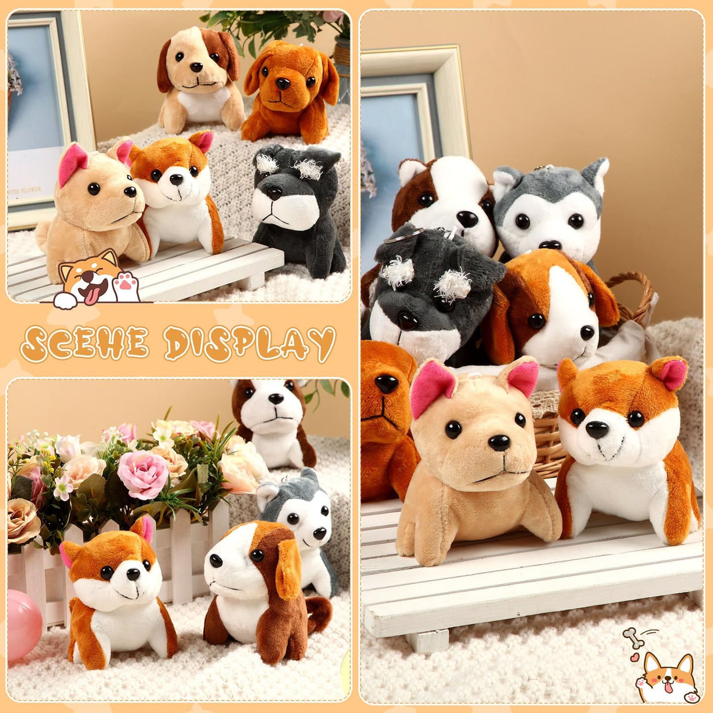 Sumind 9 Pcs Valentine Mini Plush Dog Stuffed Animals Bulk Dog Plush Party Favors Small Soft Plush Dog Toy For Easter Goodie Bag Fillers Baby Show Birthday(Vibrant Puppy)
