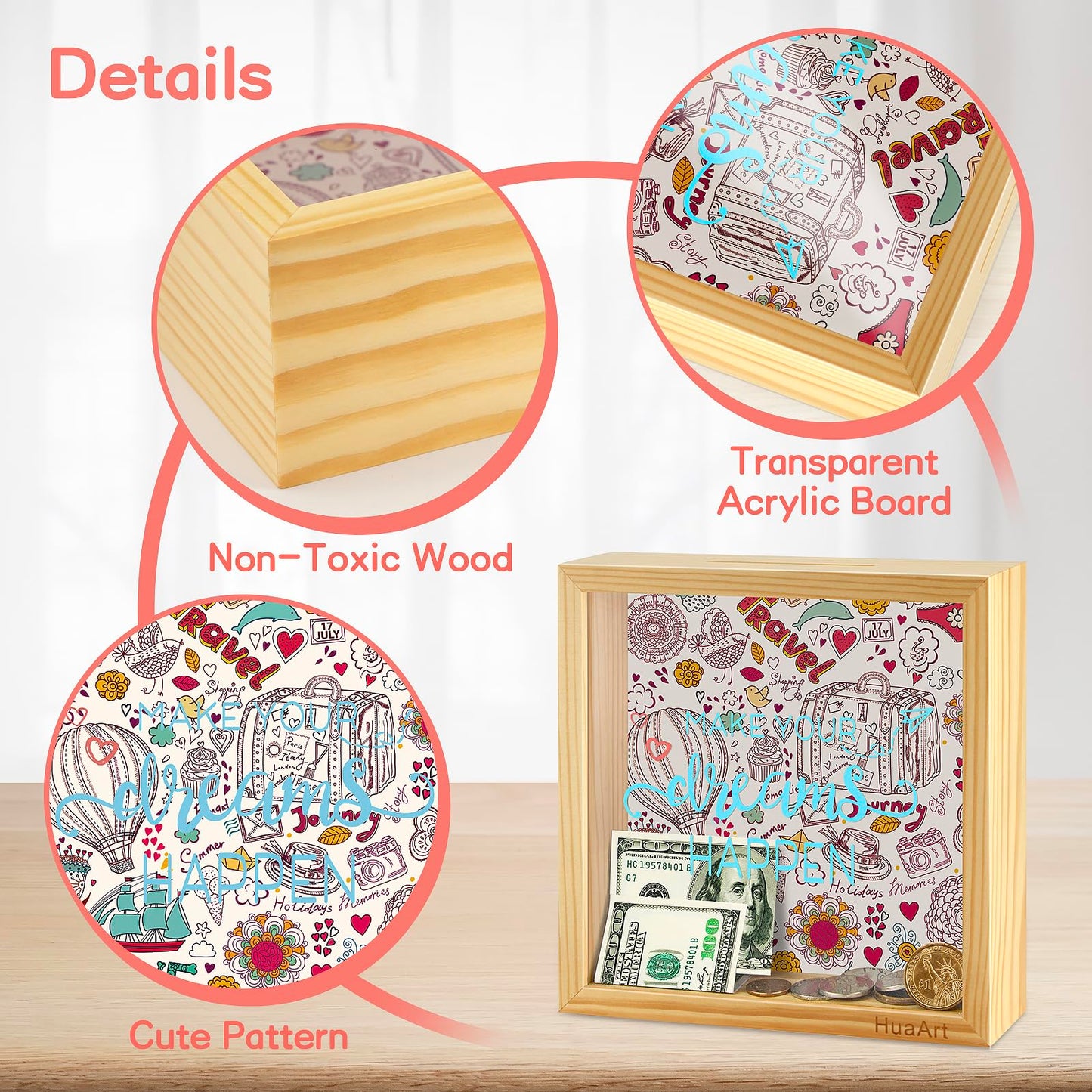 Piggy Banks For Adults,Bigger Wooden Safe Money Savings Bank Box For Kids, Coin Bank Money Bank,Natural Wood Money Box, Printed On The Plexiglass Front-Make Your Dreams Happen, Sized (8X8X2.4 Inch)