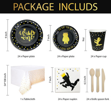 Wild One Birthday Decorations | 96 Pieces - 4-in-1 Wild One Party Supplies | First Birthday Plates | Wild One Napkins| Disposabl