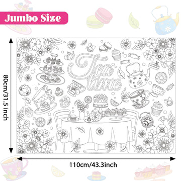 Naozinebi Tea Party Coloring Poster For Kids Giant Coloring Poster Large Flower Tea Time Coloring Tablecloth Jumbo Coloring Book