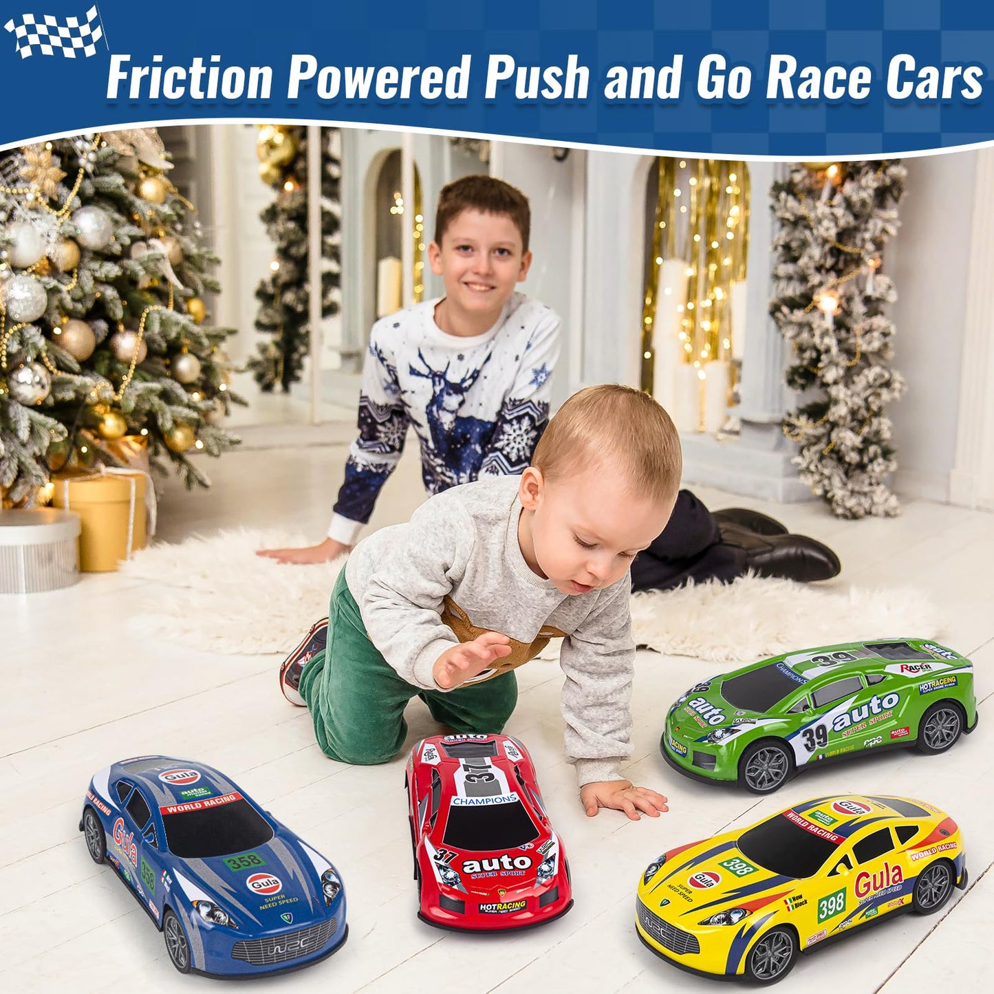 7 Inch Friction Powered Car Toys Set 4 Pack Push And Go Pull Back Race Trucks Toy Cars For Toddlers 1-3 4 5 6 Year Old Boys Girl