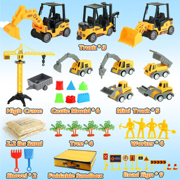 Sand Construction Site Kit - 37 Pcs Play Sand Art Kit With 8 Construction Trucks, Folding Sandbox, 2.2 Lbs Magic Sand, Crane, Wo
