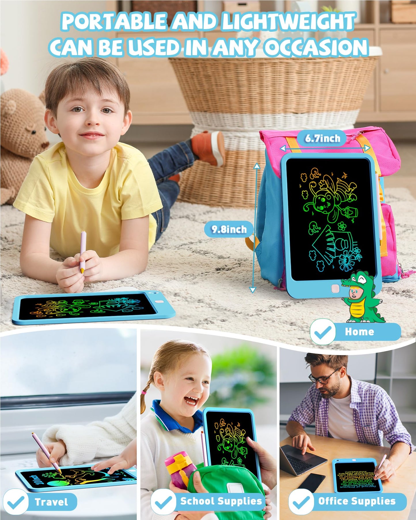 Kokodi Lcd Writing Tablet For Kids, 10 Inch Colorful Drawing Tablet, Educational Learning Kids Toys For Age 3-12 Years Old, Toddler Doodle Board, Blue