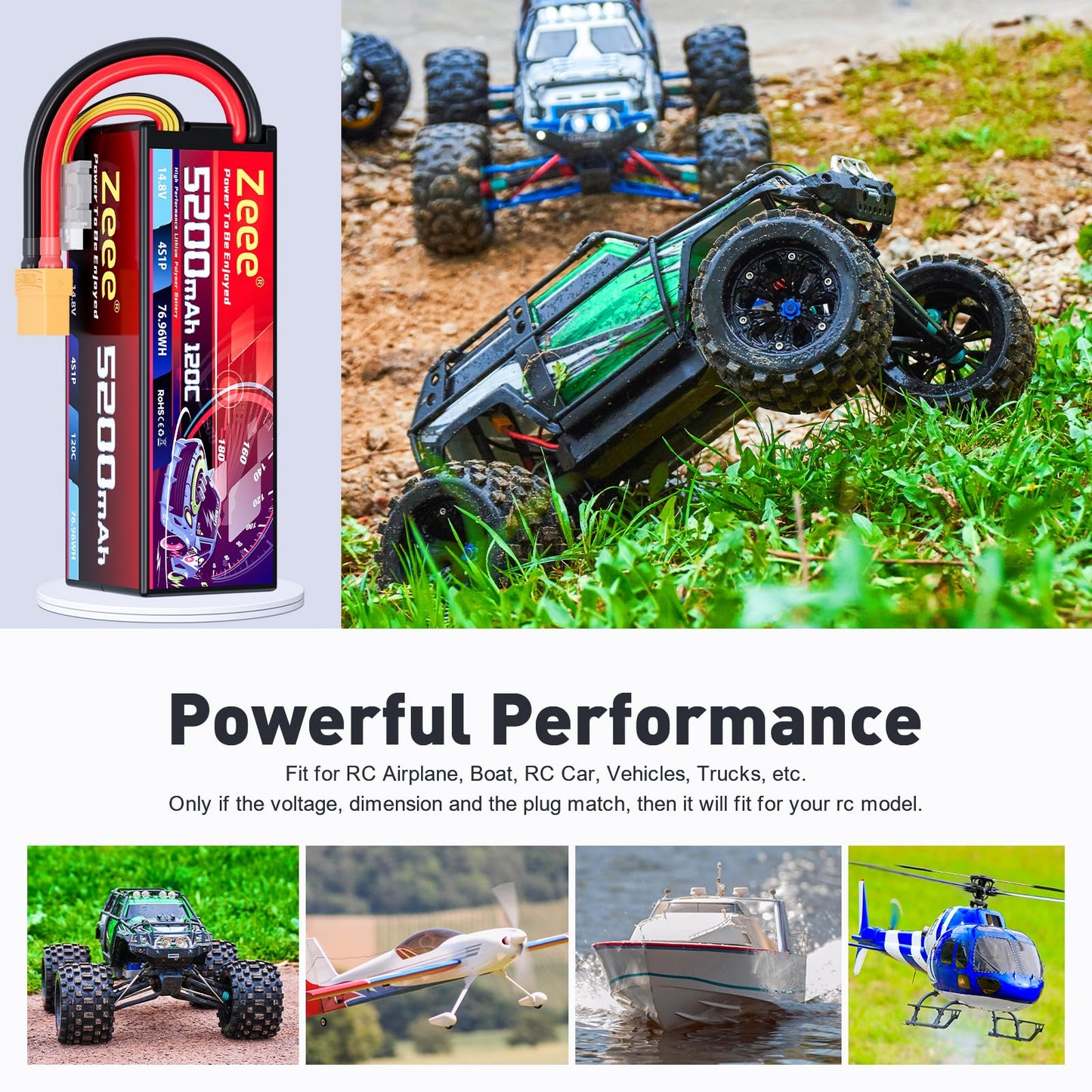 Zeee 4S Lipo Battery 5200Mah 14.8V 120C Hard Case Rc Battery With Xt90 Plug For Rc Car Rc Buggy Truggy 1/10 Scale Racing Truck R