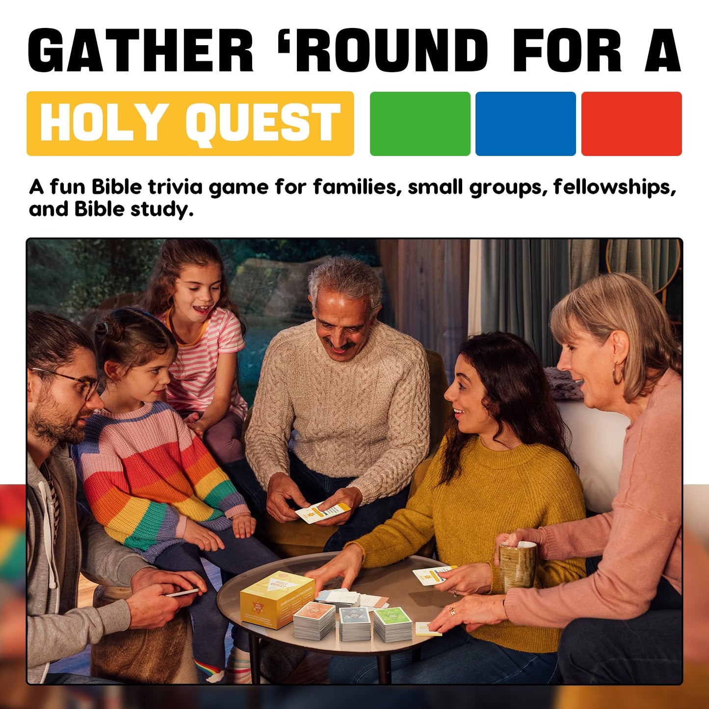 HOLY QUEST Bible Trivia Game - 400 Cards for Bible Study, Youth Groups & Family Fun - Perfect Christian Gift, Yellow