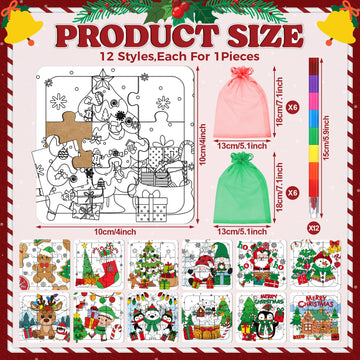 Fullhawl 12 Sets Christmas Puzzles Color Your Own Puzzles DIY Jigsaw Crafts with 12 Stackable Crayons and 12 Bags for Learning Education Toys Gifts Prizes Birthday Party Supplies(12 Christmas)