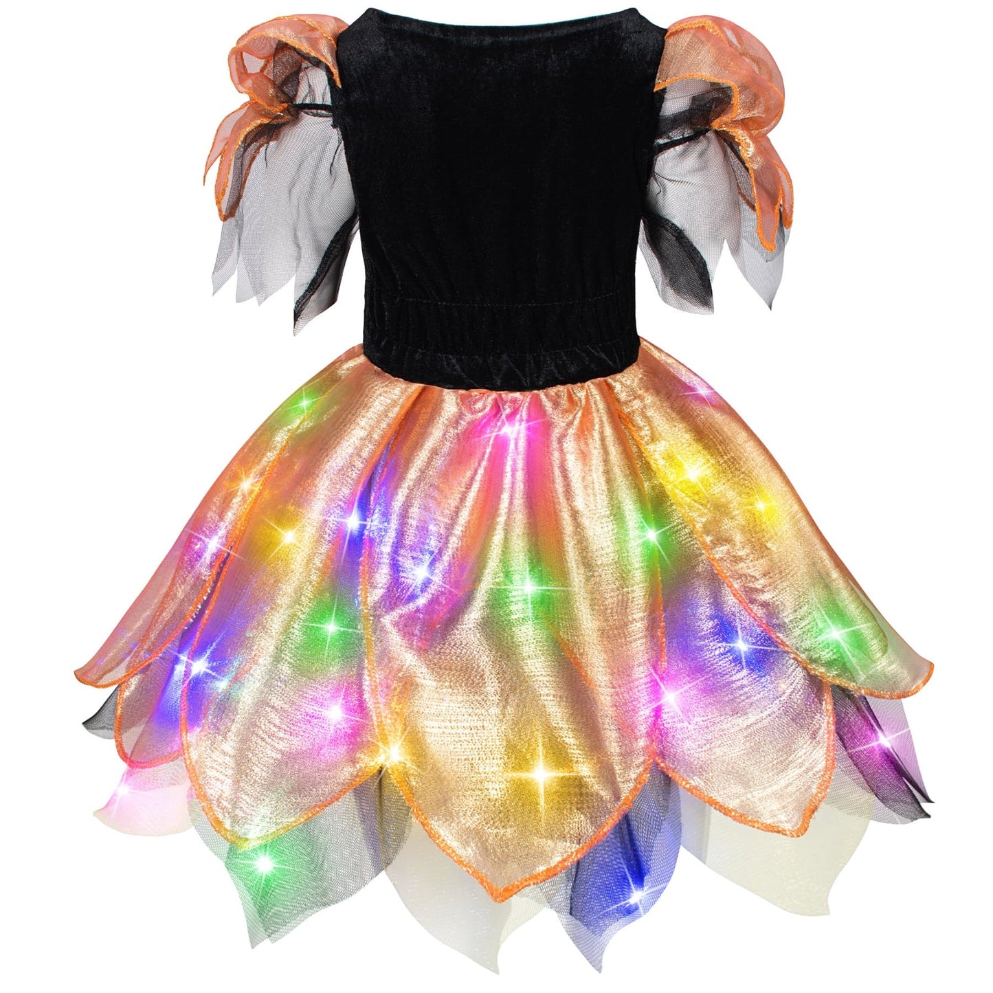 Girls Light-Up Witch Costume for Halloween - Orange&Black Glowing Witch Dress Up Costume Party Set with Broom & Hat & Wand & Bag & Pantyhose 10-12 Years