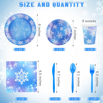 Durony 350 Pcs Frozen Birthday Party Supplies Winter Snowflake Frozen Plates Napkins Cups Plastic Cutlery Frozen Party Disposabl