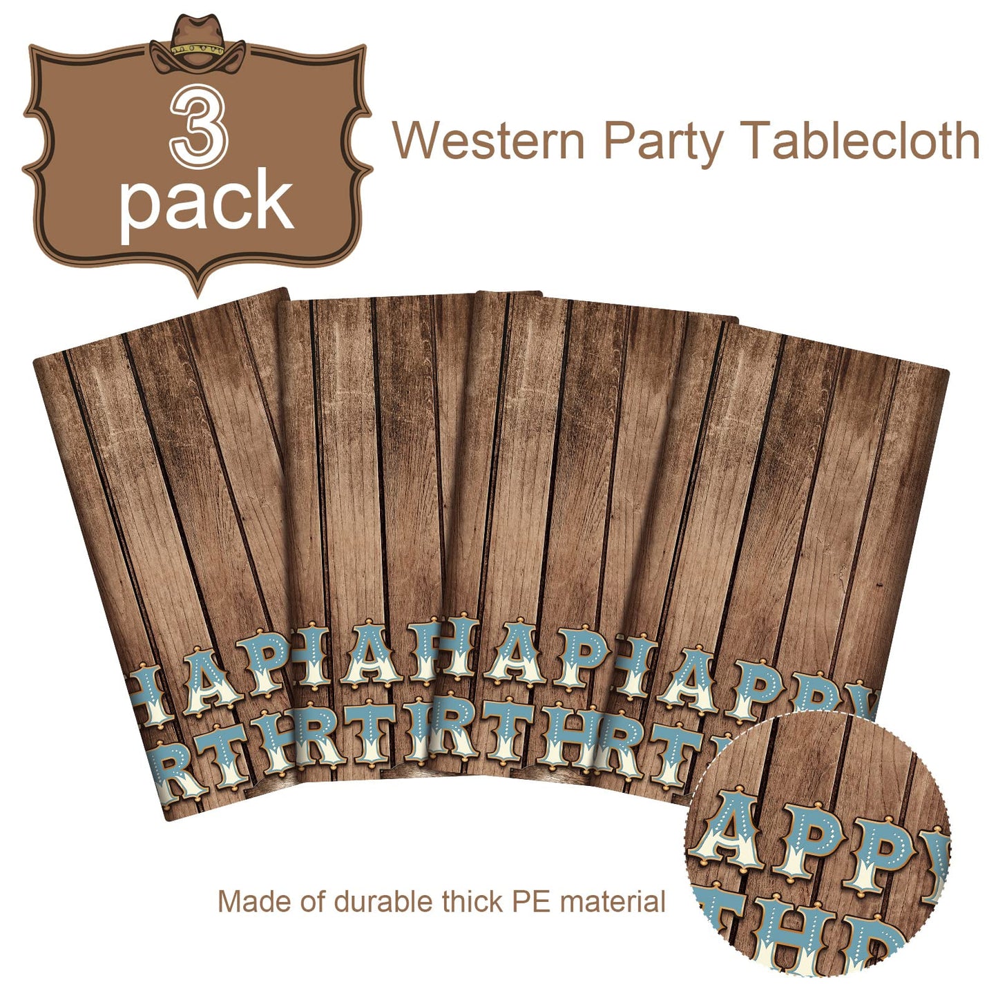 BBTO 3 Pieces Western Tablecloths Cowboy Party Decorations Birthday Table Cover Wild West Happy Birthday Tablecloth Plastic West