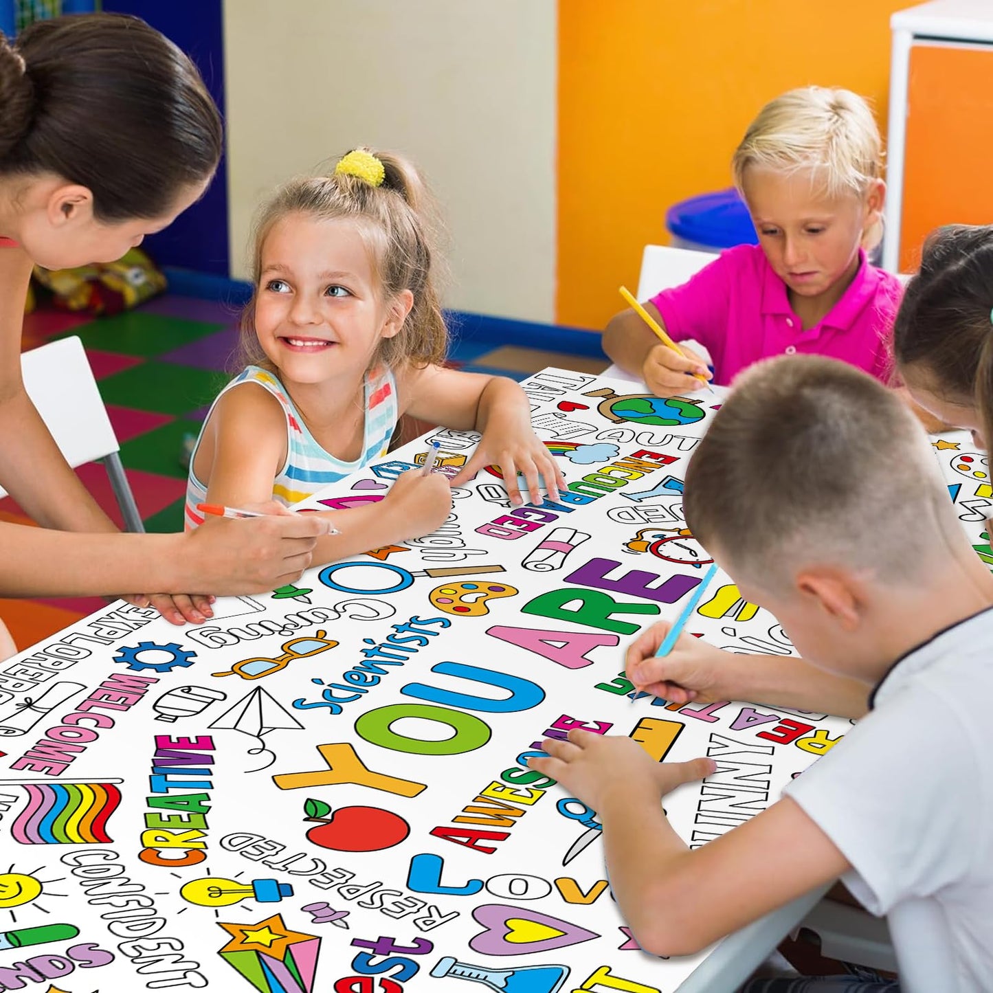 Motivational Large Coloring Poster For Kids 30 X 72 Inch, Giant Positive Affirmations Coloring Paper Tablecloth Sheets, Color-In