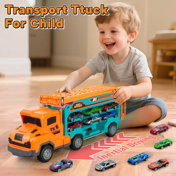 Kids Toys for 3 4 5 6 7 8 Years Old Boys, Carrier Truck Transport Car Toys, Foldable 2 Layer Car Race Track Playset with 25-in R