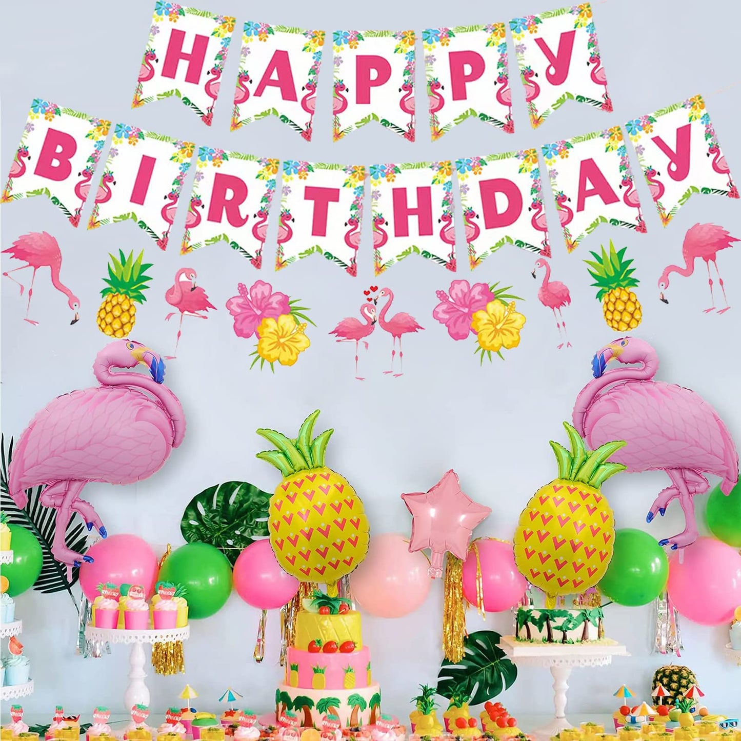Zwiebeco Flamingo Birthday Party Decoration,Tropical Hawaiian Summer Theme Party Supplies,Flamingo Pineapple Banner Bunting Garl