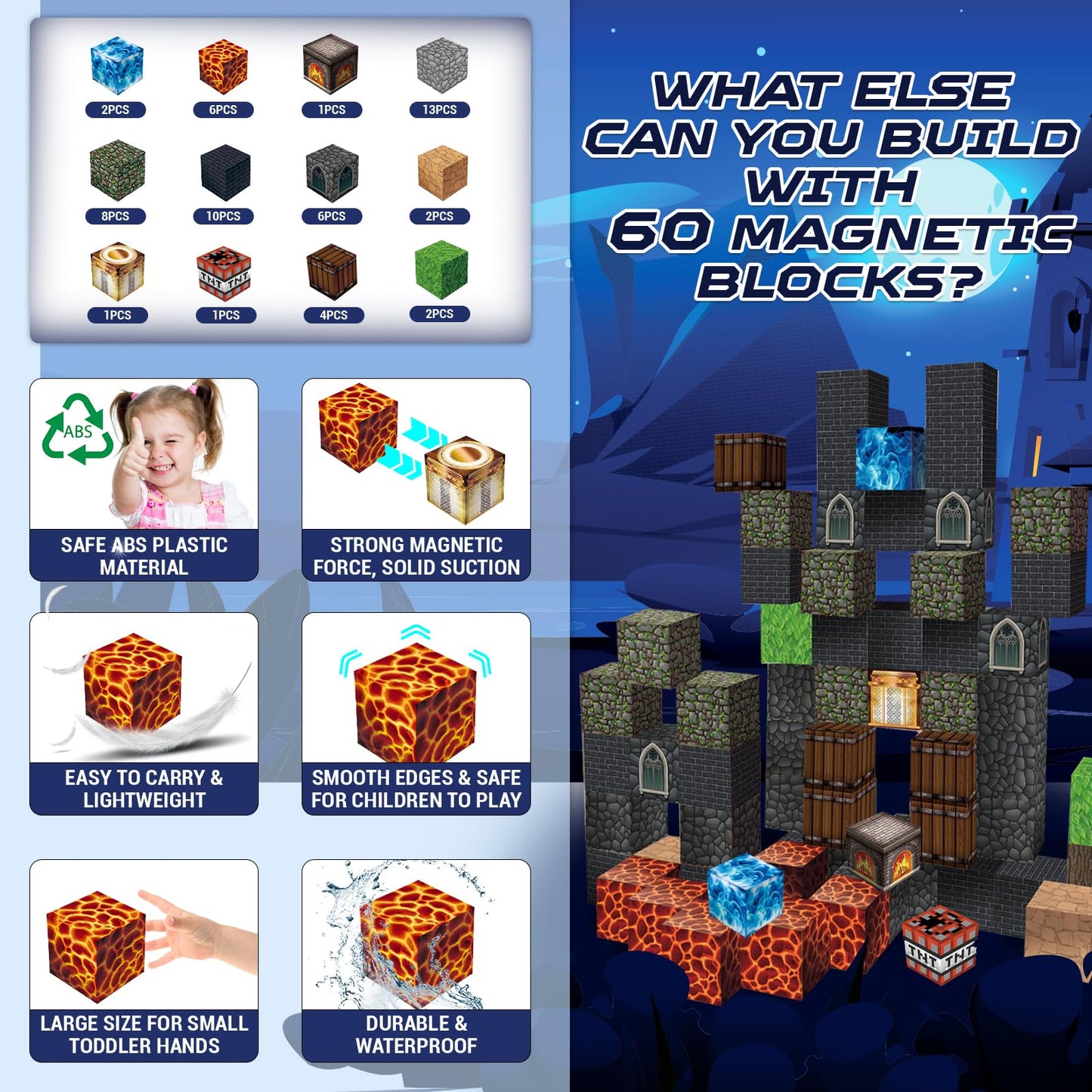 Graceduck 60Pcs Magnetic Blocks For Toddlers Toys: Build Magnetic Dark Castle Set - Magnetic Construction Cube Toys - Montessori Sensory Toys For Toddlers 3 4 5 6 7 8 9 10 Year Old Girls Boys