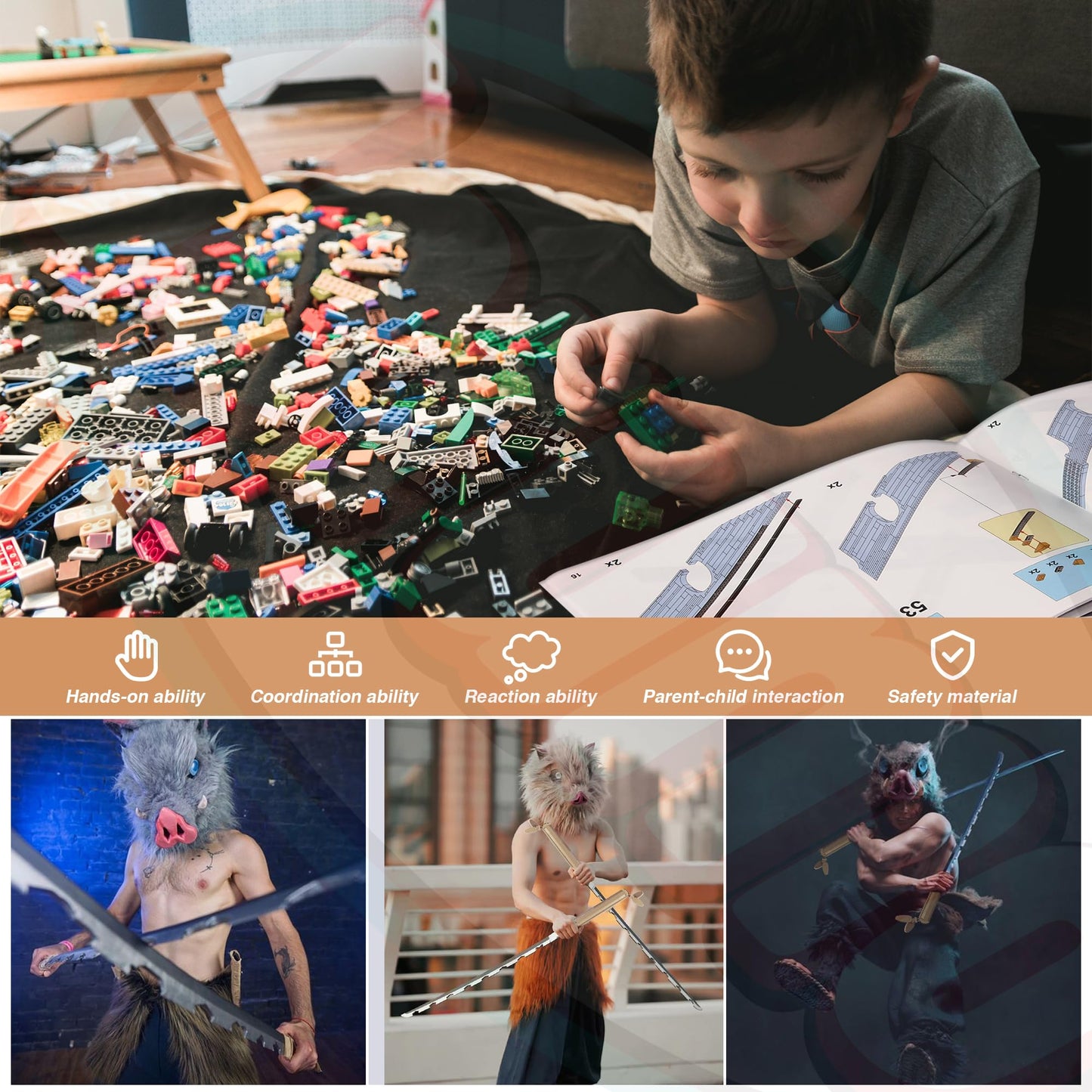 Demon Slayer decorative replica blades Building Set 40in Hashibira Inosuke Dual-decorative replica blade Building Block with Stand Anime decorative replica blade Building Toy Katana Kids Toys for Boys Age 8-12 838 Pcs