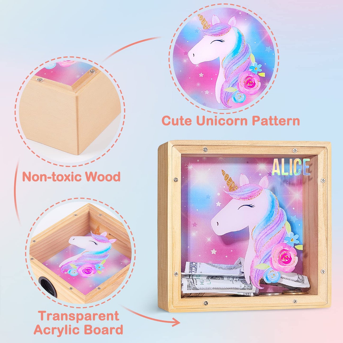 Wooden Piggy Bank For Kids Boys Girls, Diy Name Coin Bank Unicorn Dinosaur Money Bank With Letter Stickers