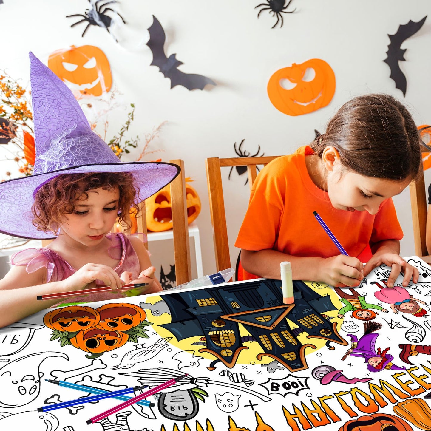Halloween Giant Coloring Poster With 24 Pcs Paint Pens, 31.5 X 39.37 Inch Jumbo Coloring Poster With Pumpkin, Huge Coloring Pape