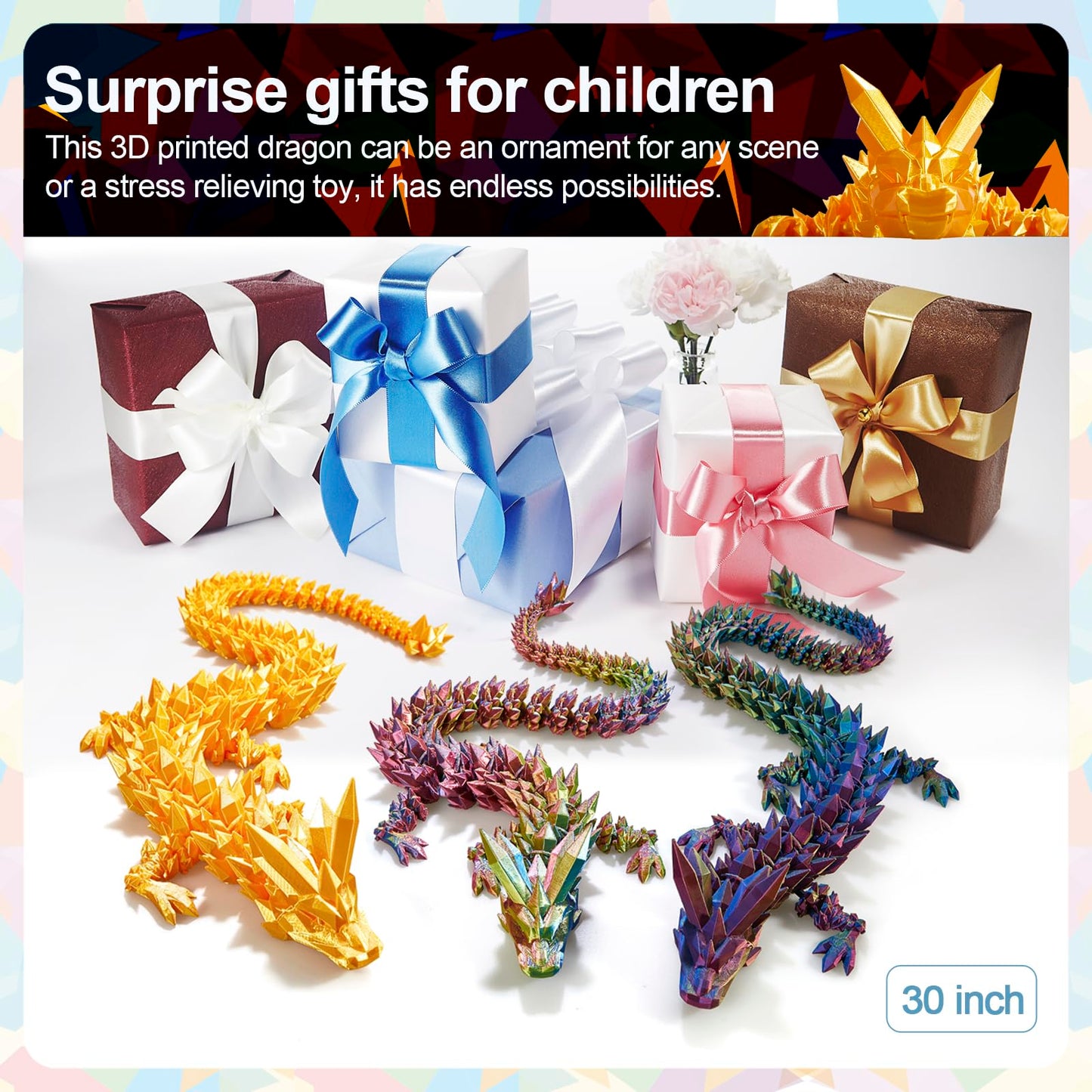 Rwsefk 30 In 3D Printed Dragon, 30Inch Dragon,3D Dragon Toy,Large Dragon Present,Ariculated Crystal Dragon(Gold)